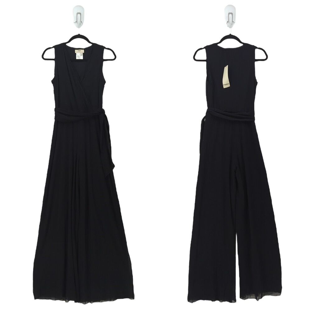 FUZZI Women M Jumpsuit Nero Black Wide Leg Sleeveless Wrinkle Resistant Mesh NEW
